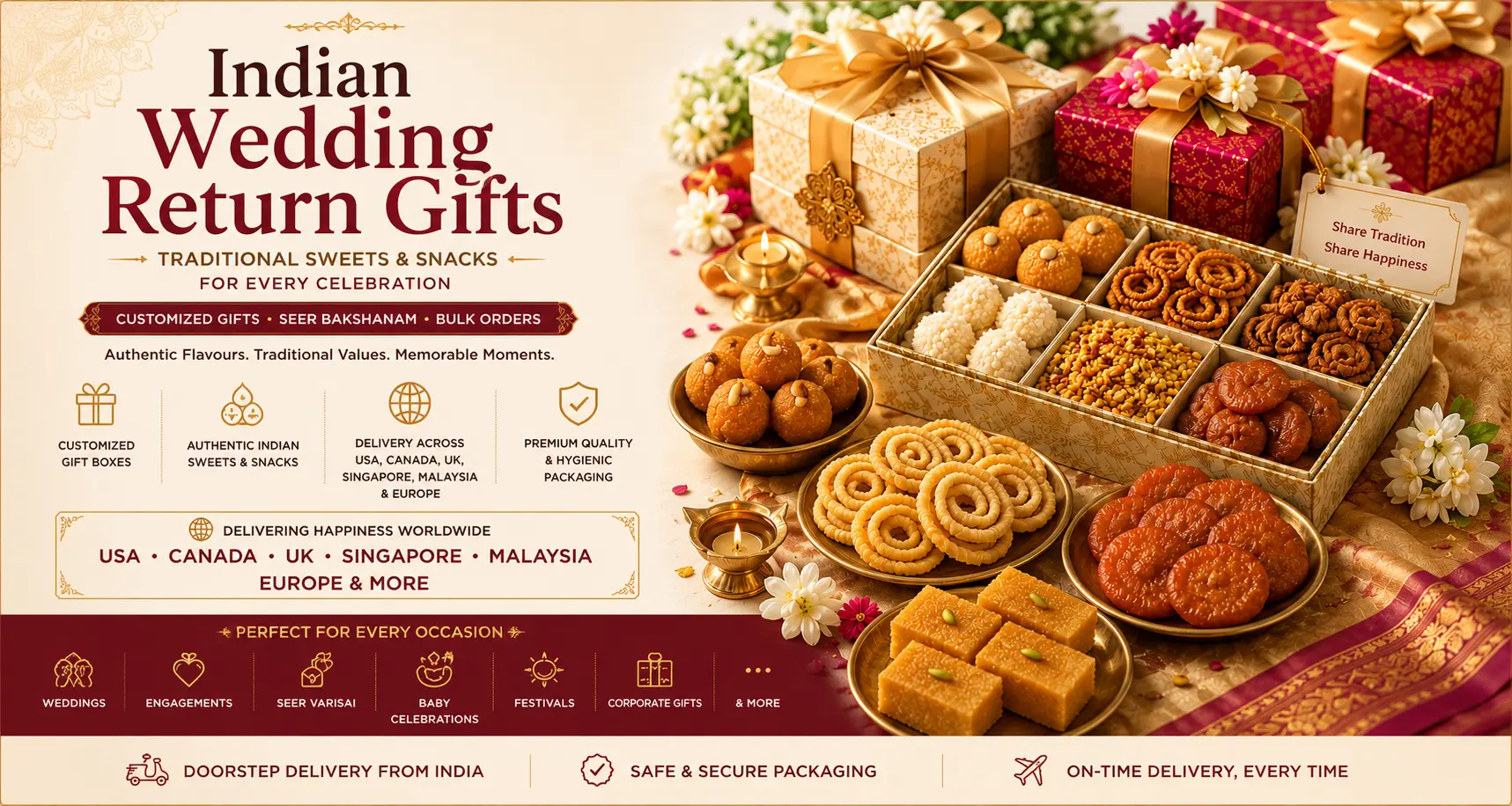 Indian wedding return gifts with traditional sweets and South Indian snacks delivered worldwide